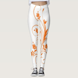Vitt och orange damaskrullande blommönster leggings
