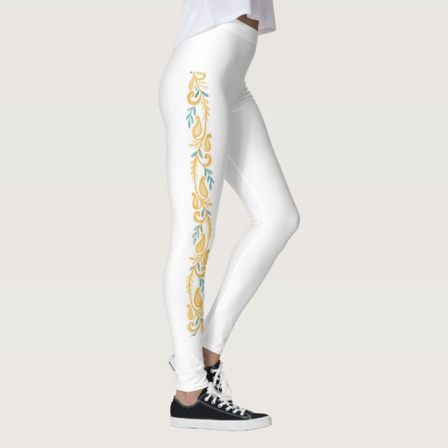 Vitt och orange damaskrullning blomstermönster leggings (Höger)