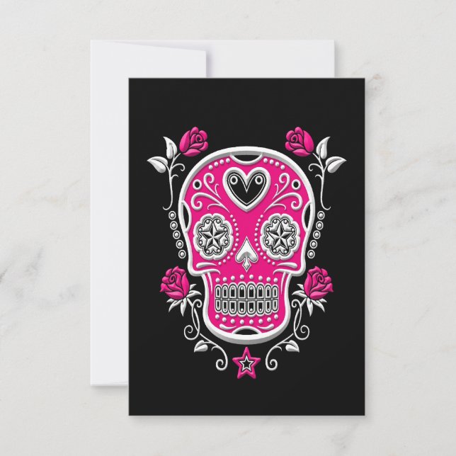 Vitt och Rosa Sugar Skull med Ro på svart (Framsida)