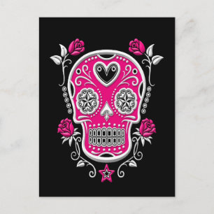 Vitt och Rosa Sugar Skull med Rosor på svart Vykort