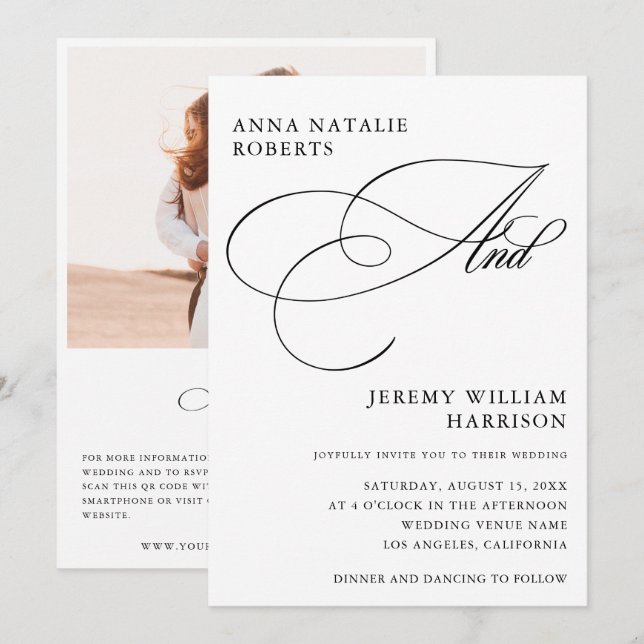 Vitt och svart fotopatecken och QR-kod Bröllop Inbjudningar (Fram/baksida)