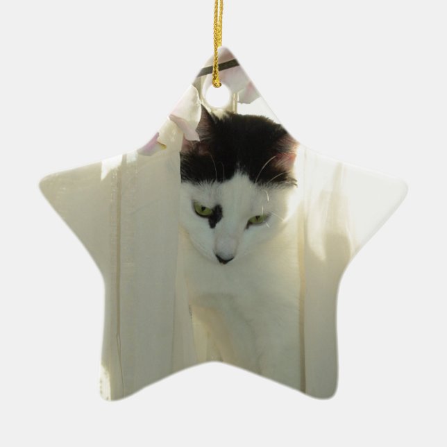 Vitt och svart katt julgransprydnad keramik (Framsidan)