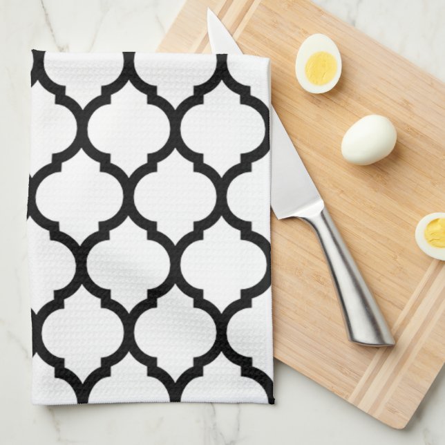 Vitt och svart marockanskt quatrefoil-mönster kökshandduk (Vikt i Fjärdedel)
