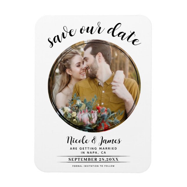 Vitt och svart Modern runda foto Spara datum Magnet (Vertikal)