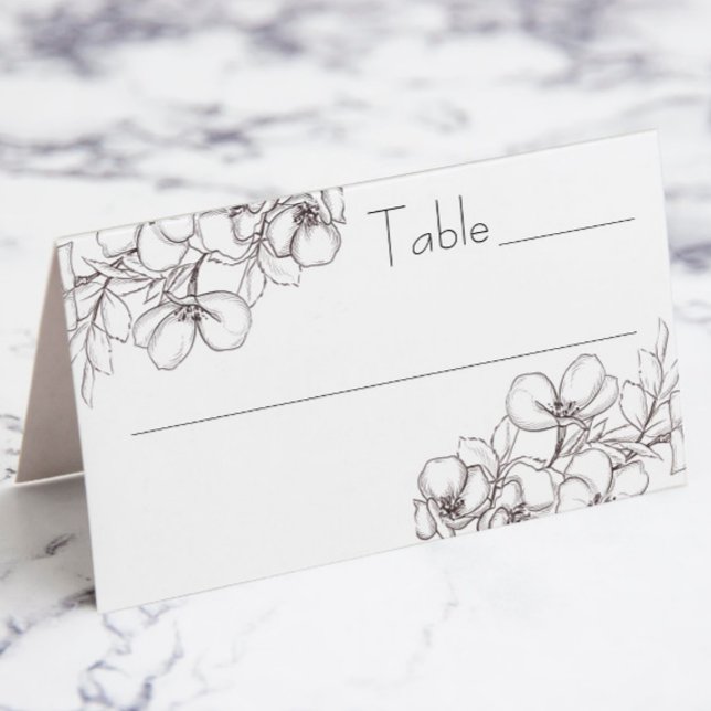 Vitt och svart monteringskort för Blommigt av kont Placeringskort (wedding table escort placard with white and black floral line art)