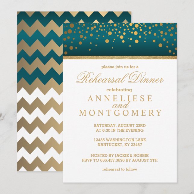 Vitt och teal Guld-konfetti - repetitionsmiddag Inbjudningar (Fram/baksida)