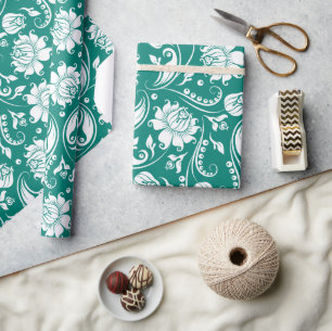 Vitt och turkotiskt blått dammmönster i blommigt presentpapper