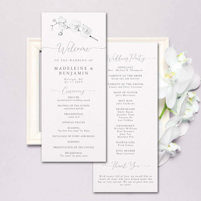 Vitt orchid - enkelt Elegant Formellt Bröllopsprog (wedding ceremony program black white orchid floral art sketch elegant modern classic formal chic)