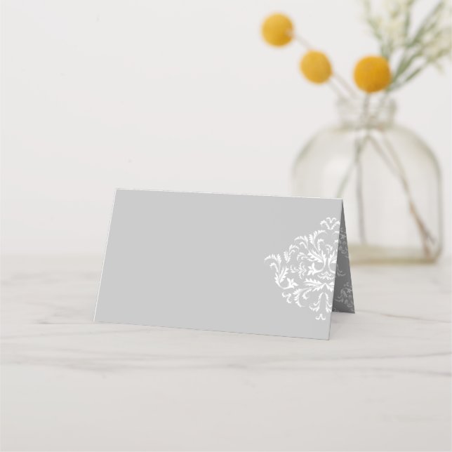 Vitt på Grått elegant Damask Blank Place Cards Placeringskort (Baksida)