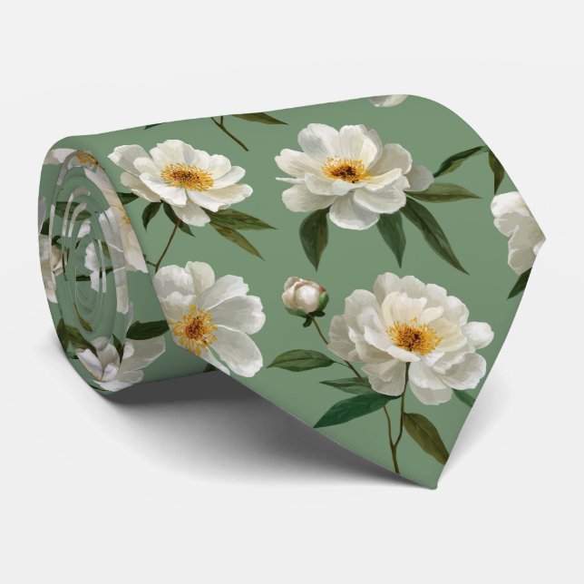 Vitt Pion Blommönster Slips (Rullad)