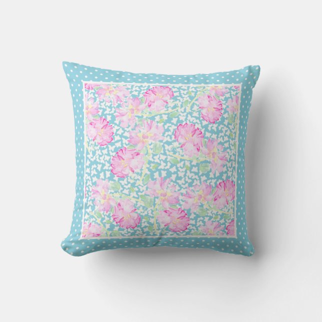 Vitt Polka dots, Rosa ros, vita fjärilar Kudde (Framsida)
