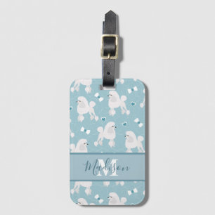Vitt Pudel och Bows Mönster Blue Namn Monogram Bagagebricka