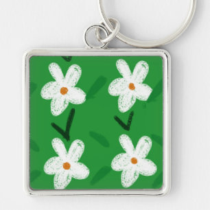 Vitt ritat Blommönster Blommor Art Mönster Aest Fyrkantig Silverfärgad Nyckelring