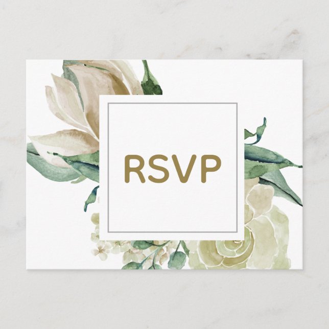 Vitt ros akvarell bröllop RSVP-kort Inbjudan Vykort (Framsida)