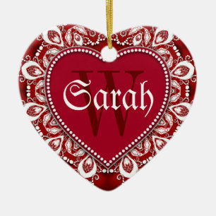 Vitt rött hjärta, Namn Dörrtecken Ornament
