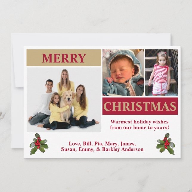 Vitt, rött och Guld Modern 3-fotojulkort Julkort (Framsida)