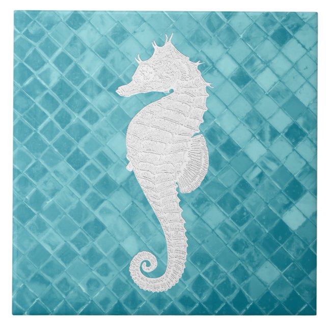 Vitt sjögräs (Aqua Sea Glass, Mönster) Kakelplatta (Framsidan)