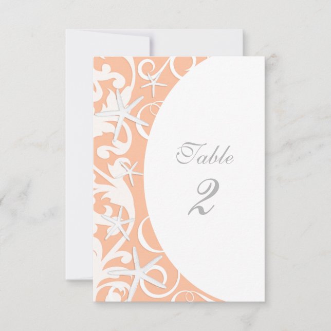 Vitt sjöstjärna korall strand bröllop bordnummer inbjudningar (Framsida)