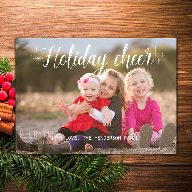 Vitt skript - Helgdag - fotoplatt kort (White Script Holiday Cheer Photo Card)