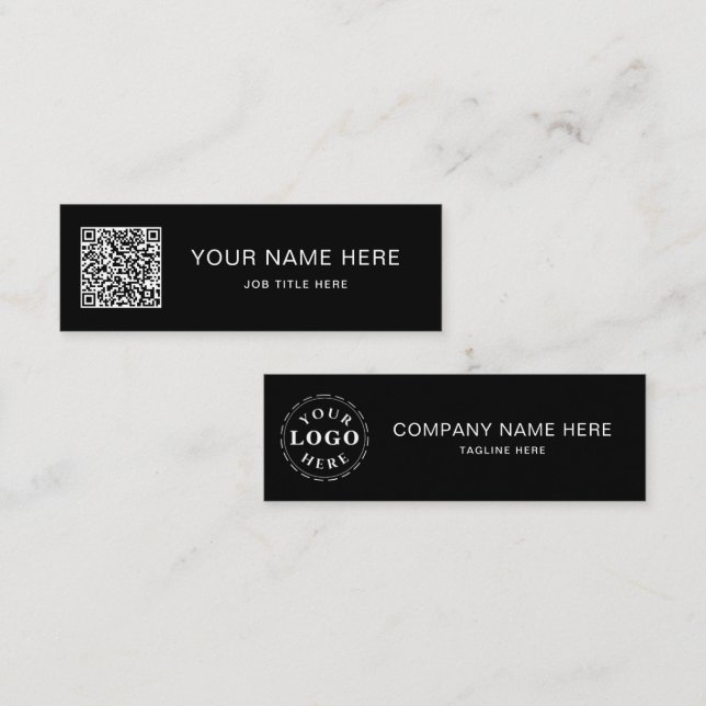 Vitt skript QR på svart Mini-Telefonkort, design (Fram/baksida)