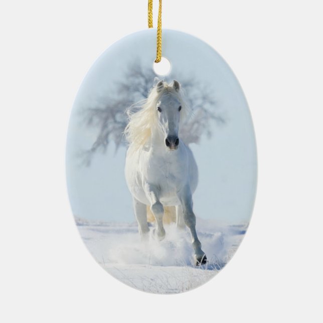 Vitt Snö Stallion och Träd Horse Helgdag Ornament (Baksidan)