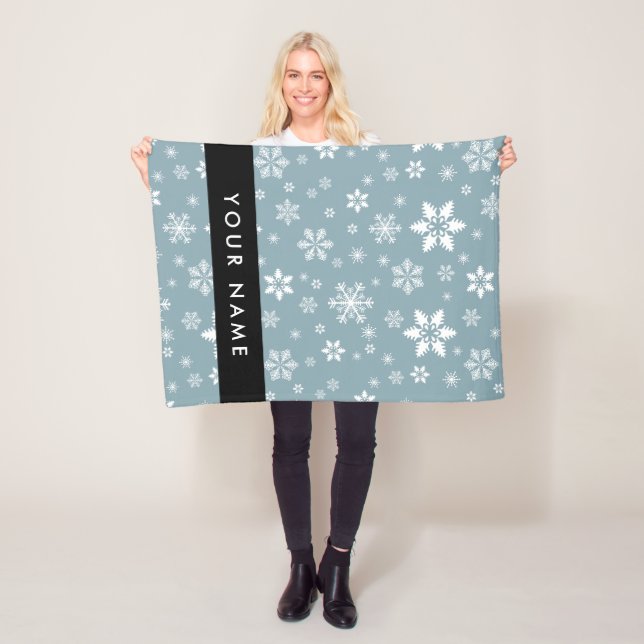 Vitt Snöflingor, Grått, ditt namn, personalisera Fleecefilt (På plats)