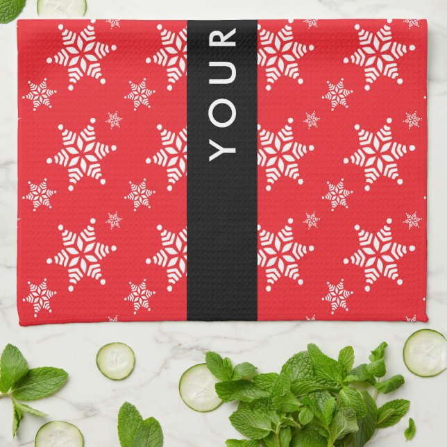 Vitt Snöflingor, rött, ditt namn, Anpassa Kökshandduk (Vikta)