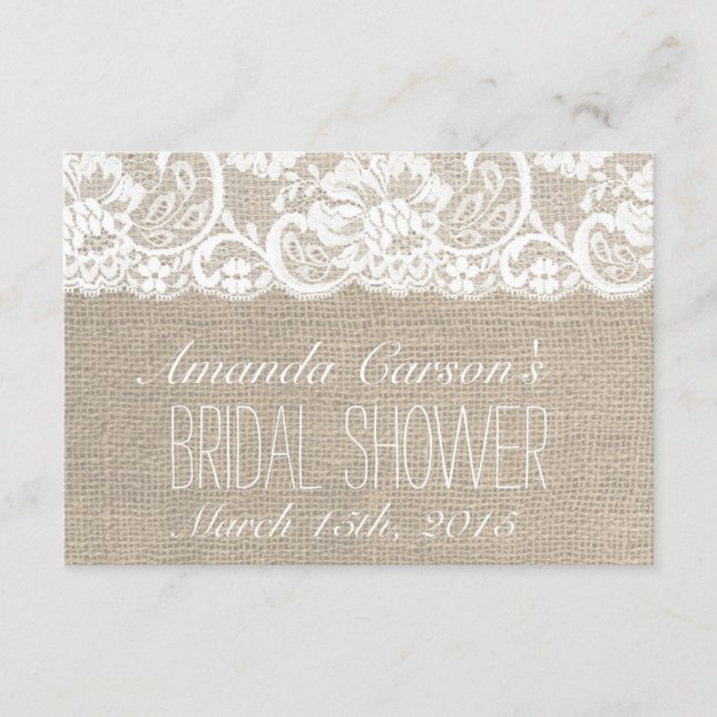 Vitt spets- och jute bröllopsdusch receptkort (Framsida)