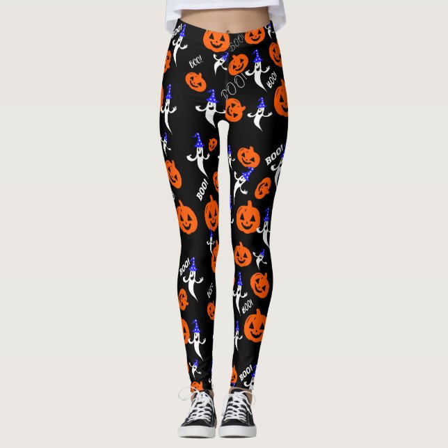 Vitt spöke på huvudet en hatt med orange pumpkin leggings (Framsida)