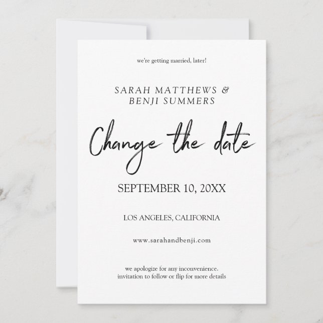 Vitt & Svart Handskrift Ändra Datum - Vitt Inbjudningar (Framsida)
