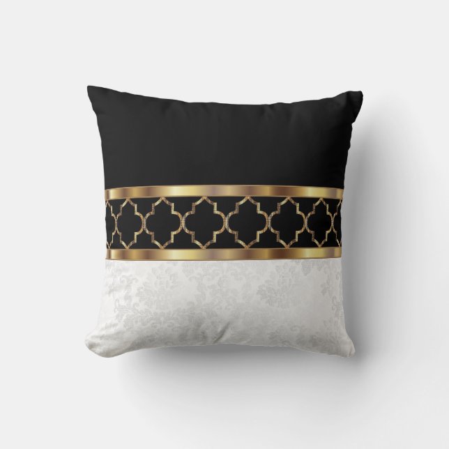 Vitt, svart och Guld Quatrefoil och Damask-mönster Kudde (Framsida)