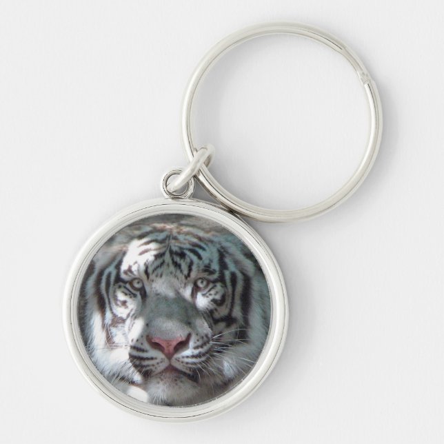 Vitt Tigerhuvud Rund Silverfärgad Nyckelring (Framsidan)