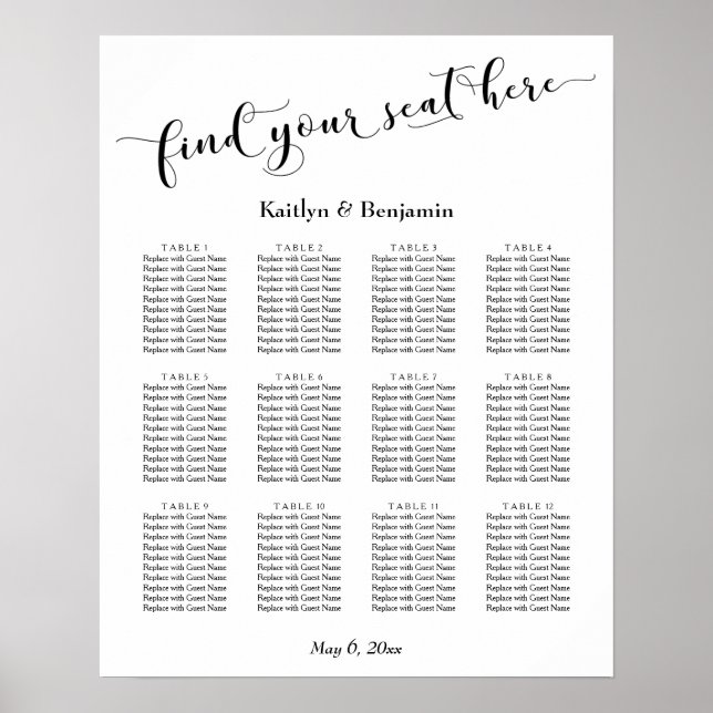 Vitt typografi bröllopsmottagning sittplatskarta poster (Framsidan)
