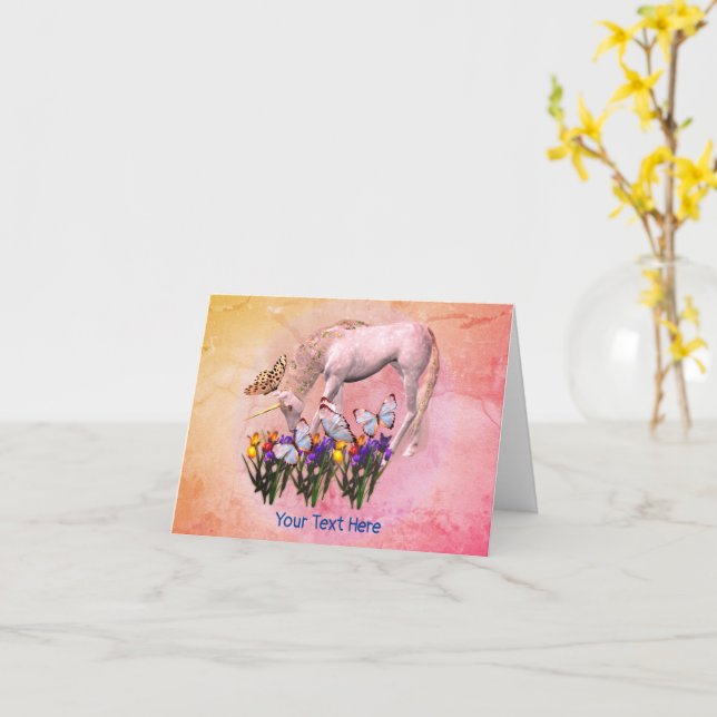 Vitt Unicorn Butterflies Fantasy Horse Note Card Kort (Gul blomma)