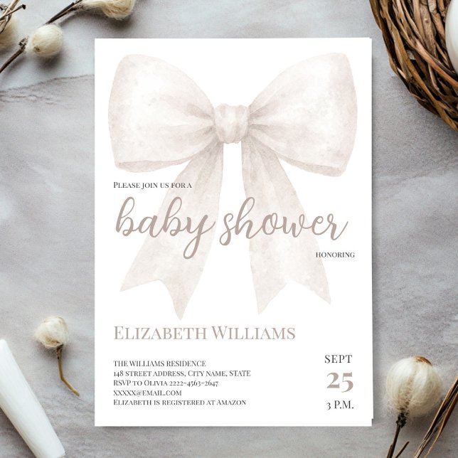 Vitt vattenfärgsfack Babykläder med minimalistisk  Inbjudningar (Minimalistic coquette Theme white gender neutral bow baby shower  invitation)
