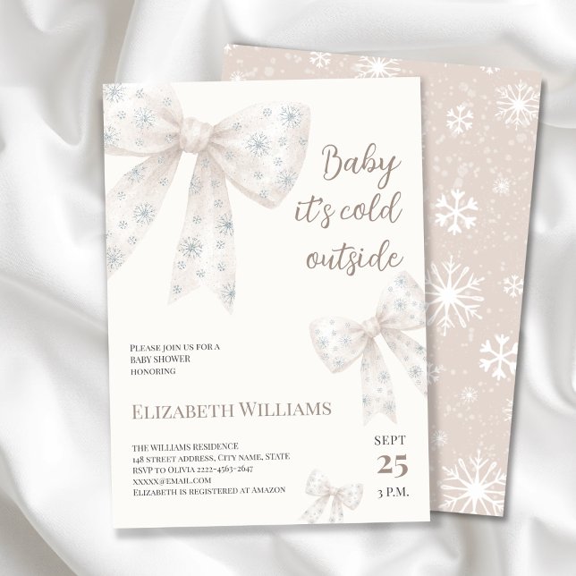 Vitt vattenfärgsfack för babykläder inbjudningar (Winter Baby Shower Invitation | Baby It’s Cold Outside Theme with beige neutral Snowflake Bows)