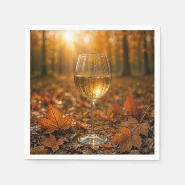 Vitt vin glas i höstens lönnlöv pappersservett (Framsidan)