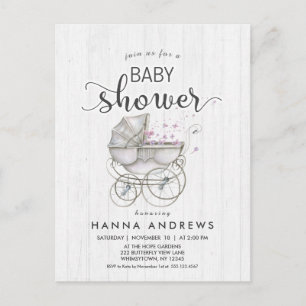 Vitt virke & Carriage Girl Baby Shower-inbjudan Inbjudan Vykort