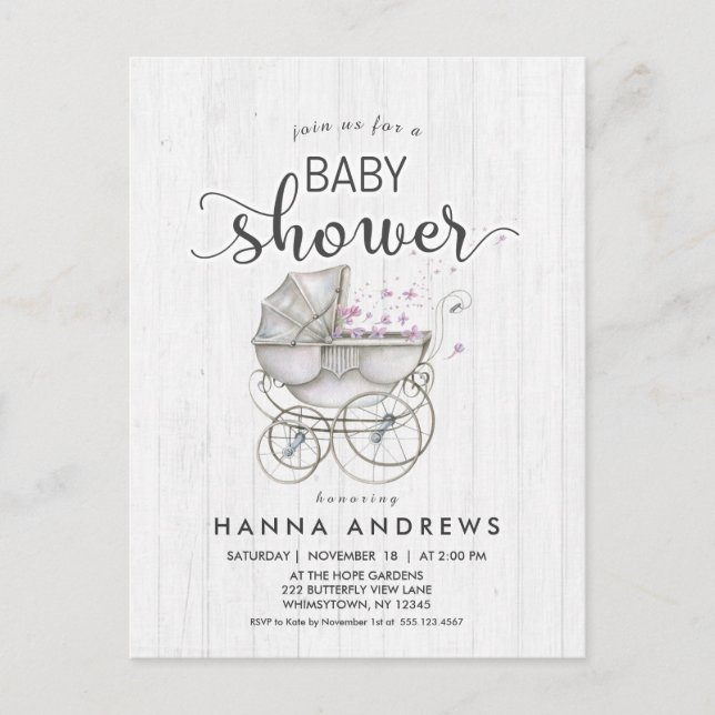 Vitt virke & Carriage Girl Baby Shower-inbjudan Inbjudan Vykort (Framsida)