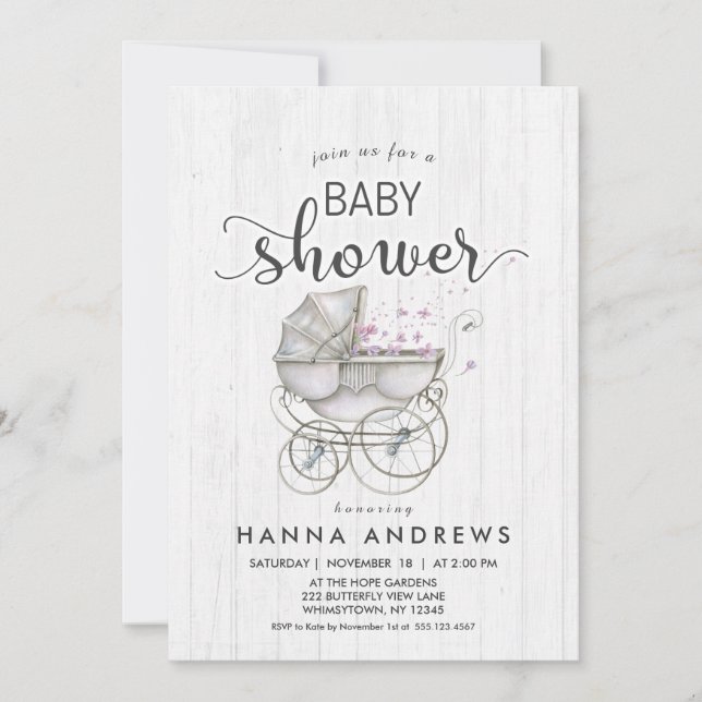 Vitt virke & Carriage Girl Baby Shower-inbjudan Inbjudningar (Framsida)