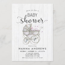 Vitt virke & Carriage Girl Baby Shower-inbjudan