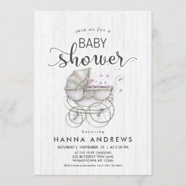 Vitt virke & Carriage Girl Baby Shower-inbjudan Inbjudningar
