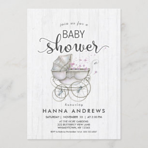 Vitt virke & Carriage Girl Baby Shower-inbjudan Inbjudningar