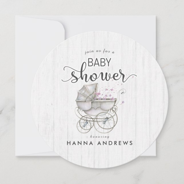 Vitt virke & Carriage Girl Baby Shower-inbjudan Inbjudningar (Framsida)