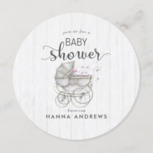 Vitt virke & Carriage Girl Baby Shower-inbjudan Inbjudningar