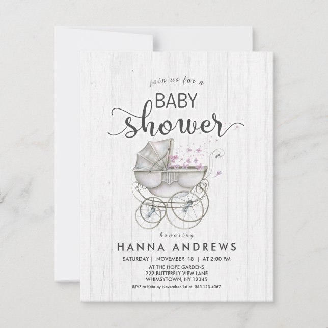Vitt virke & Carriage Girl Baby Shower-inbjudan Inbjudningar (Framsida)