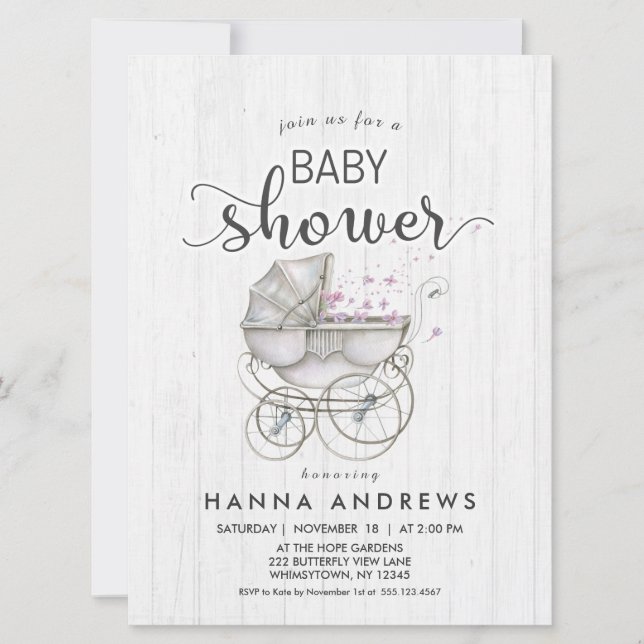 Vitt virke & Carriage Girl Baby Shower-inbjudan Inbjudningar (Framsida)