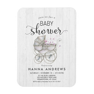 Vitt virke & Carriage Girl Baby Shower-inbjudan Magnet