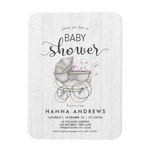 Vitt virke & Carriage Girl Baby Shower-inbjudan Magnet (Vertikal)