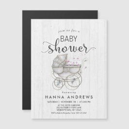 Vitt virke & Carriage Girl Baby Shower-inbjudan Magnetisk Inbjudningskort